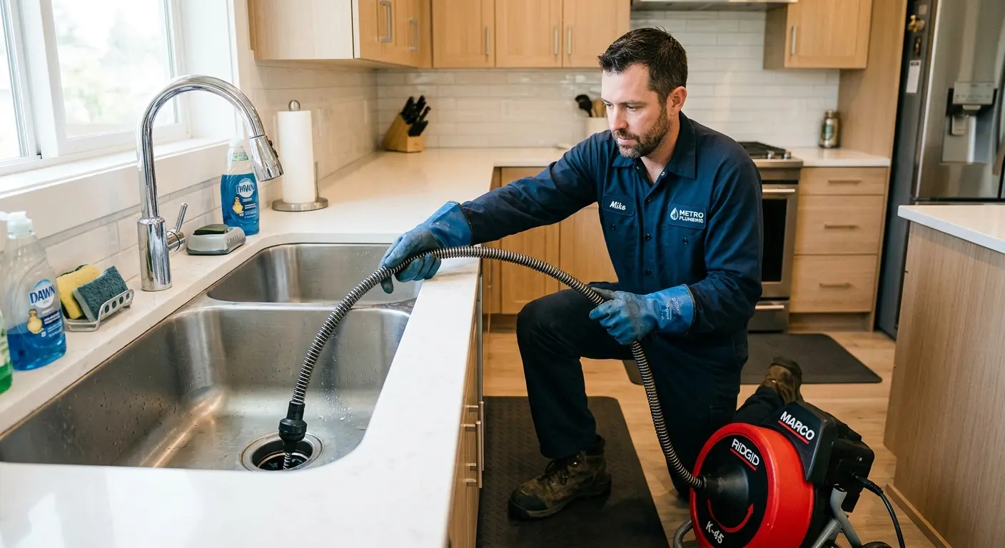 Drain cleaning technician using a motorized snake on a kitchen sink in Triana
