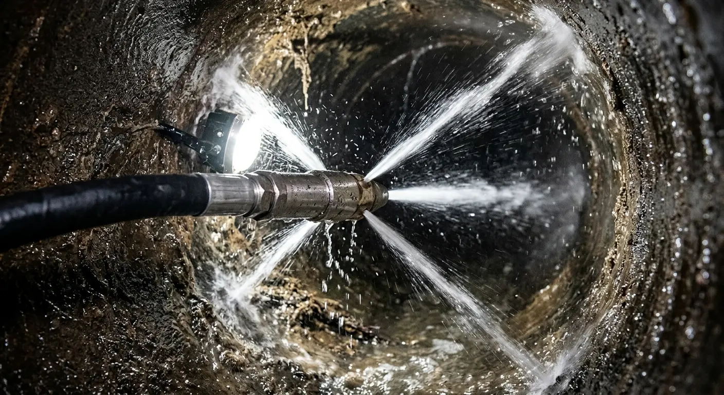 High-pressure hydro jetting nozzle cleaning sewer pipe for Emergency Drain Service in Triana