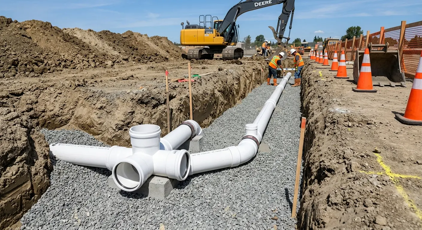 New PVC sewer pipe installation in open trench for Grease Trap Cleaning in Triana
